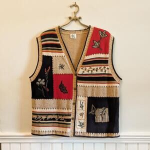 Vintage Patchwork Knit Vest 90s Folk Art Stephanie K Sweater Vest - XL